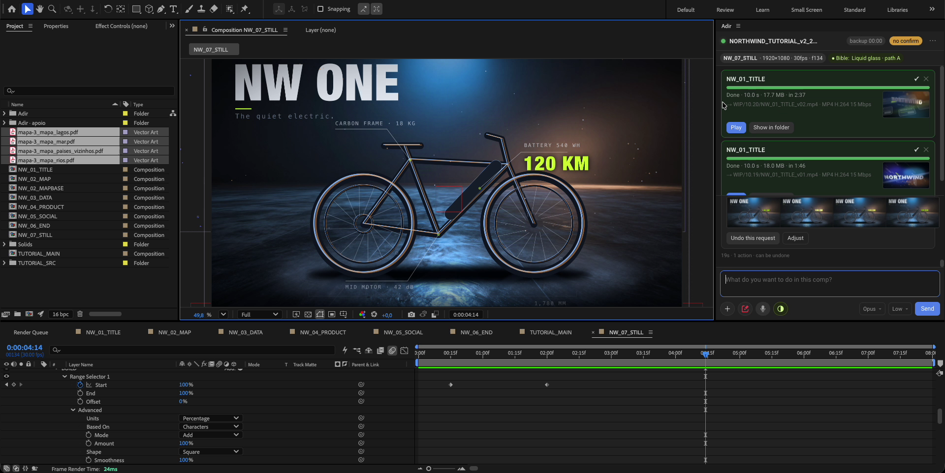After Effects with the NW ONE comp and the Adir panel with two finished renders