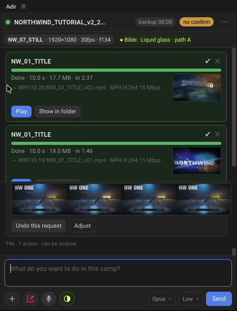 Adir panel with render cards, thumbnails and the request box