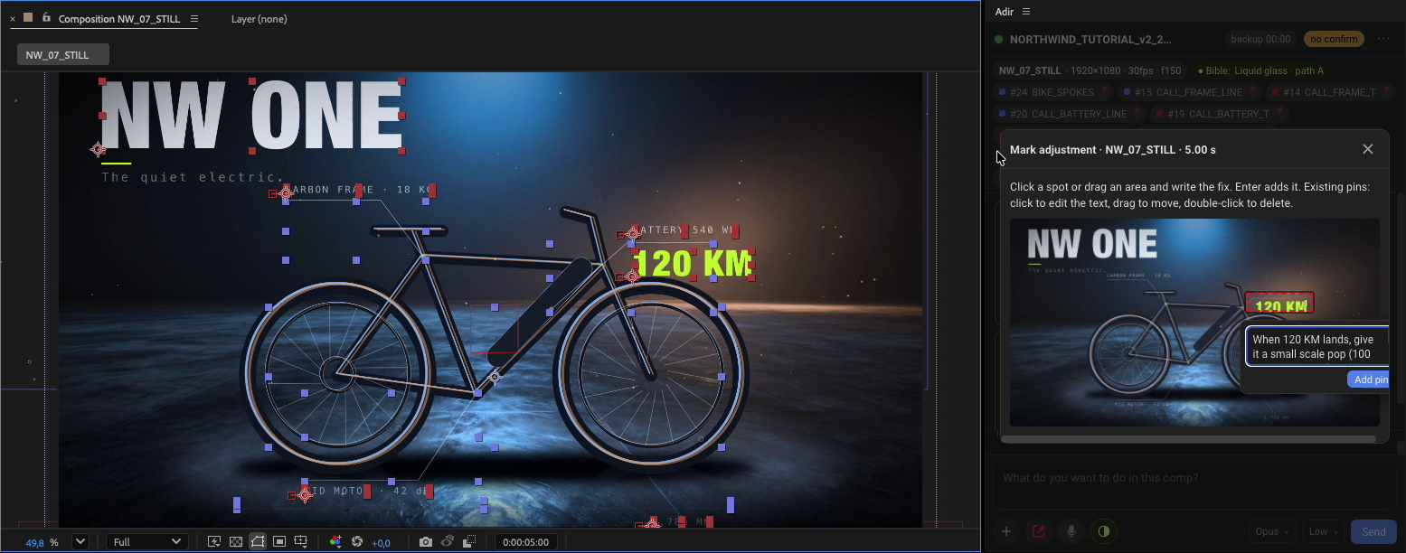Adir adjust mode: an area marked over the 120 KM text with a fix note
