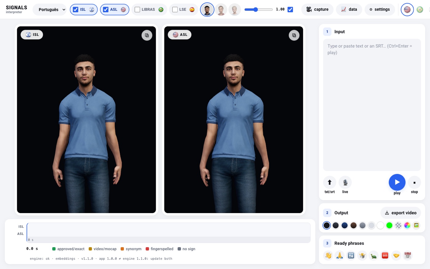 SIGNALS: dois avatares 3D lado a lado, em língua de sinais israelense e americana, com o painel de texto e frases prontas